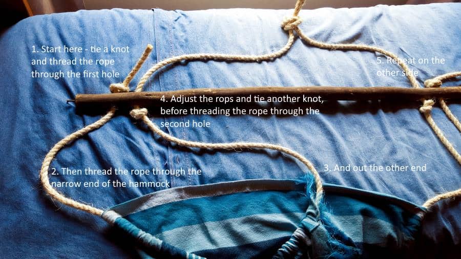 Step by step instructions to thread and hang the hammock #HammockDIY #ThrowRepurose #ACraftyMix #SummerTime #EasyDIYTutorial