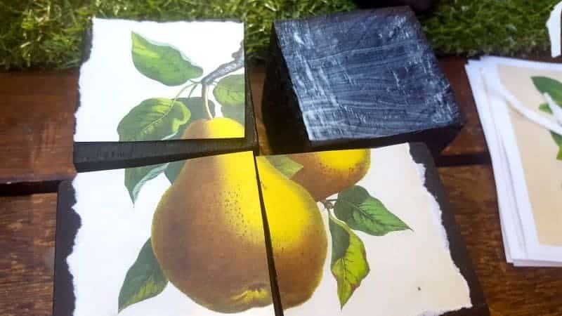 Cut each image into 4 equaly squares and mod podge them onto the blocks