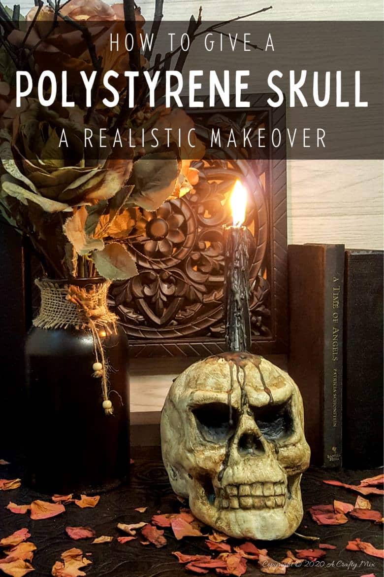This easy to follow tutorial will show you how to age a Styrofoam or polystyrene skull and give it a spooktacular skull makeover. Can be used as a Halloween display or as a candle holder. #ACraftyMix