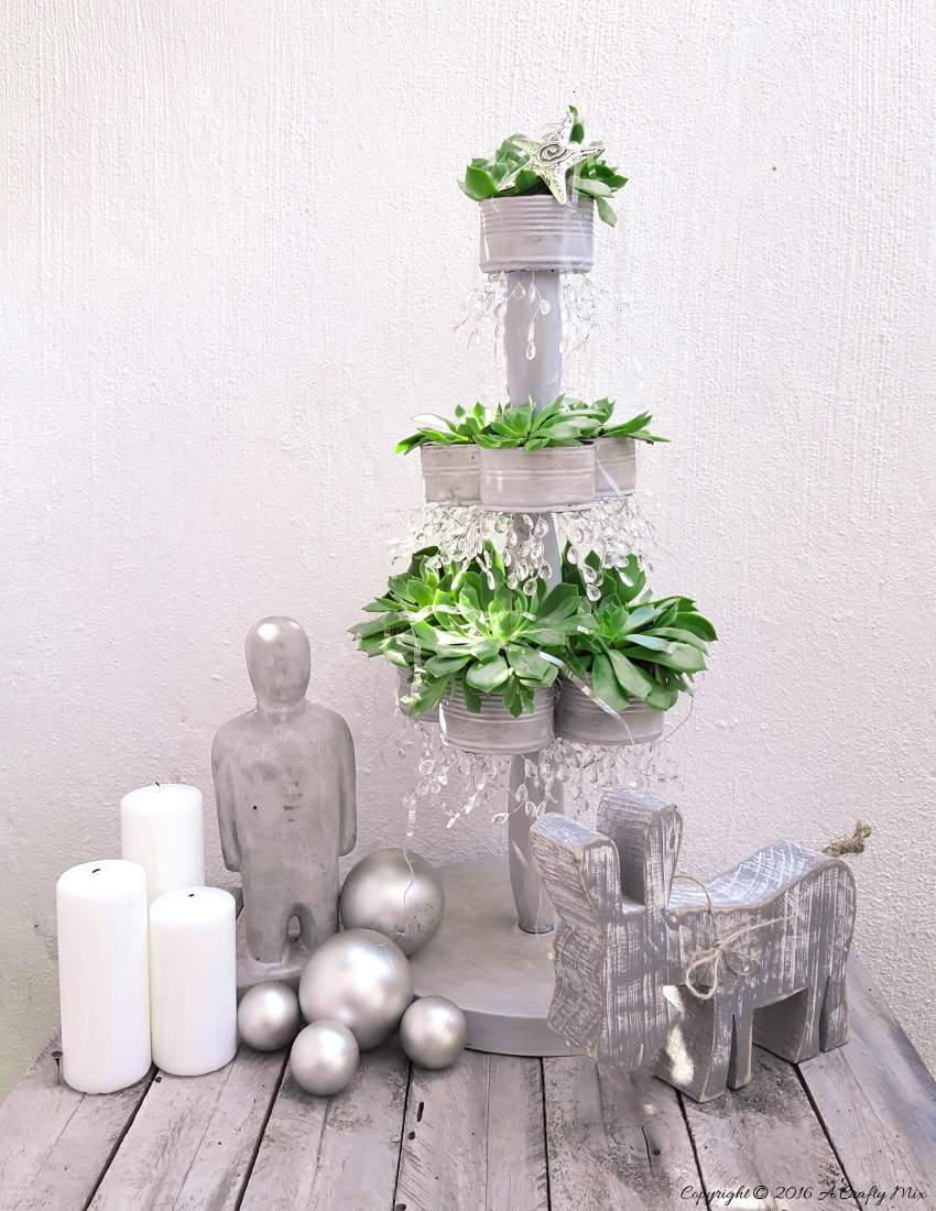 Recycle empty tin cans to make a succulent Christmas Tree - How to on the blog. Christmas tree alternative ideas to make yourself #DIYChristmasTree #Recycle #AlternativeChristmasTree