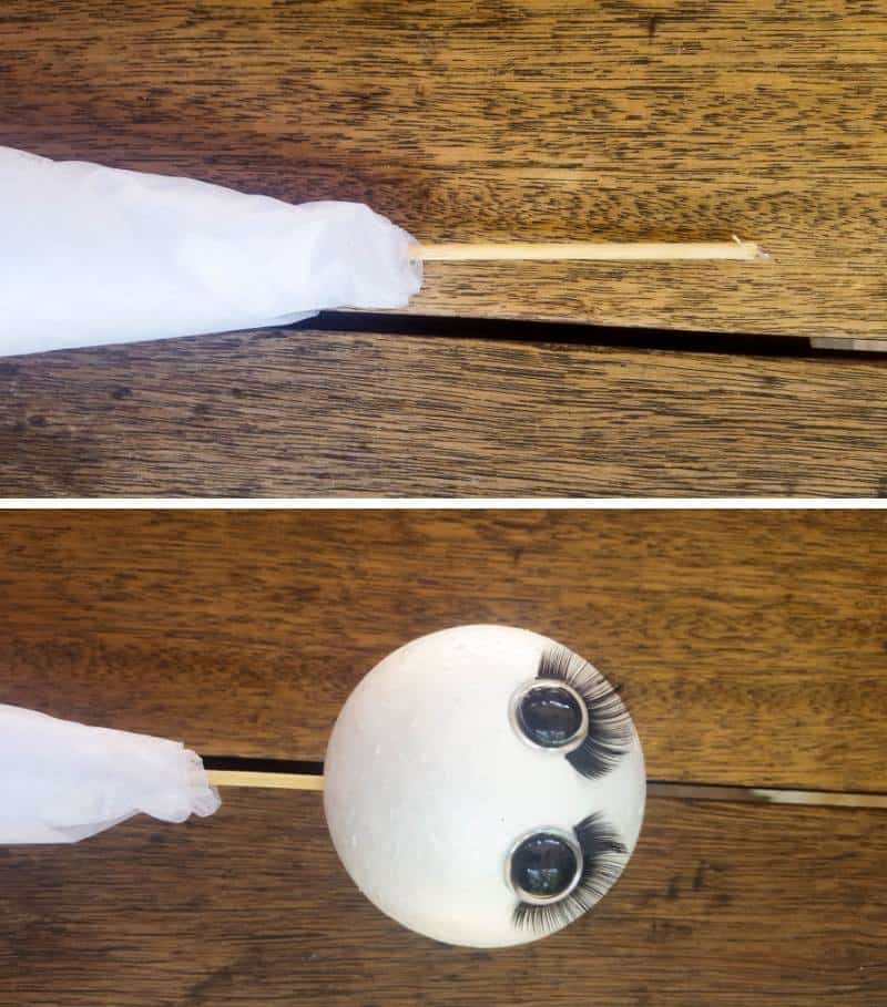 Insert a skewer into the cones and join the head