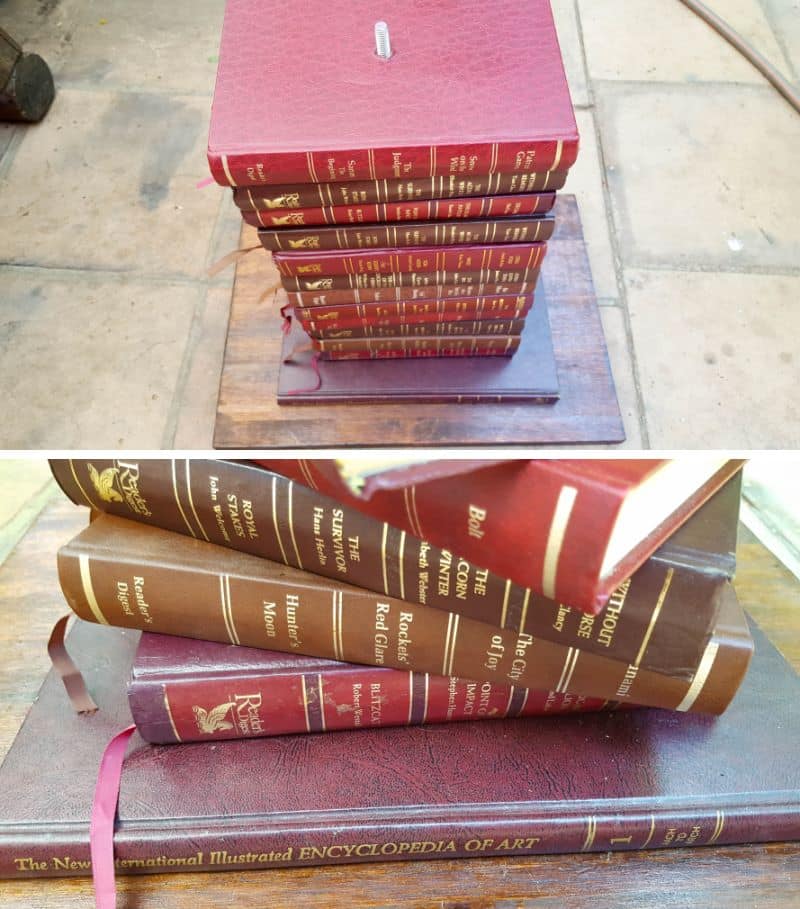 Thread a rebar through the hole in the books