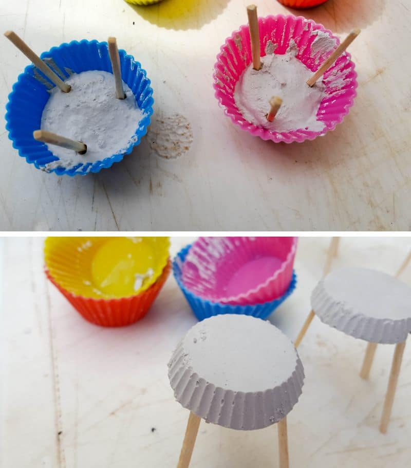 Pour Plaster of Paris into small cupcake molds and add toothpicks