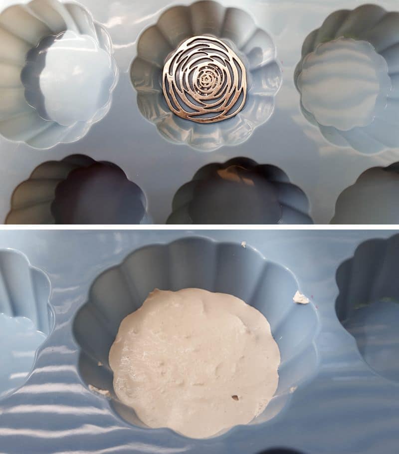 Add a bead or metal inlay and pour Plaster of Paris into large cupcake molds for the tabletop