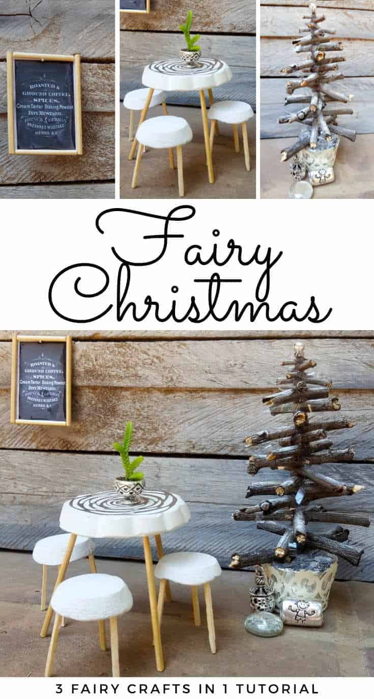 It's Christmas time at the fairy Bistro. Come see how to make a bistro styled table, chairs, sign and miniature driftwood Christmas tree #christmasdecor #christmascrafts #acraftymix #christmasideas #christmasdecorations #fairychristmas #miniaturetutorial #fairycrafts
