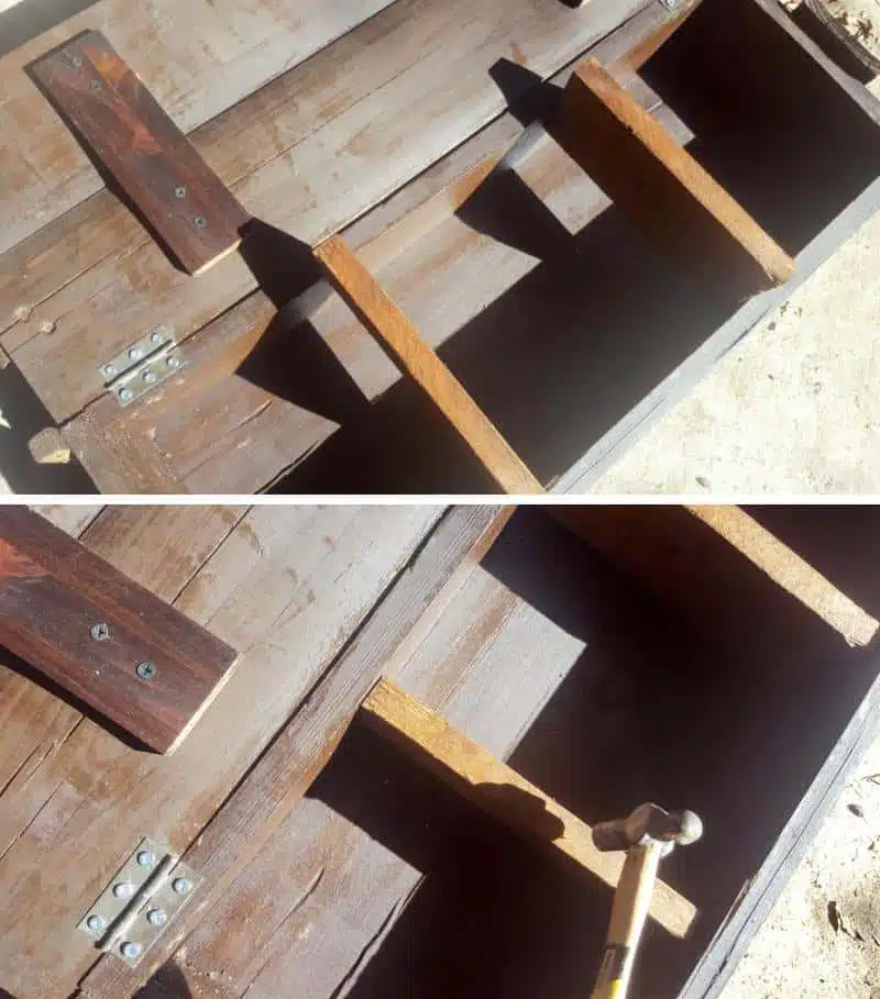 Cut shelves from scrap wood and hammer, glue and screw them in place