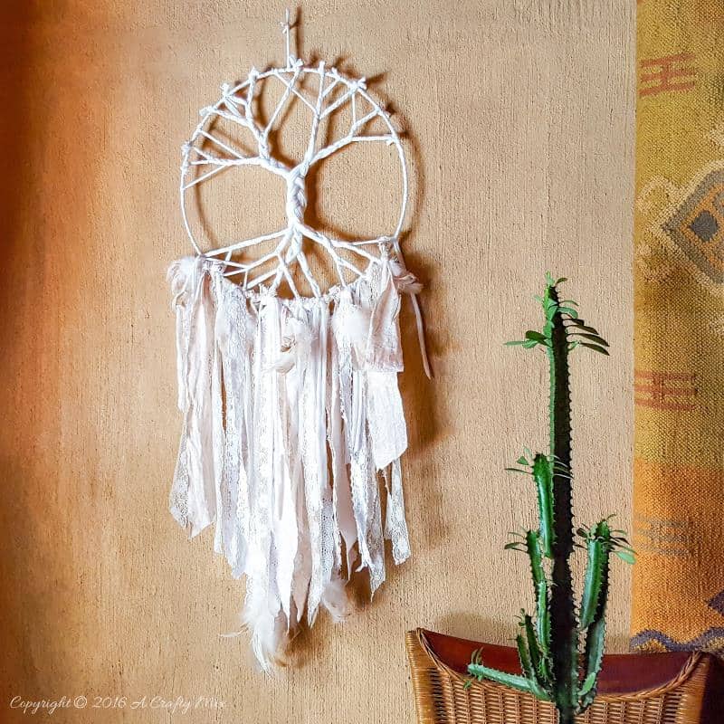 How to make a Tree of Life Dream Catcher using t-shirt yarn and scraps of fabric - full tutorial with pictures on the blog