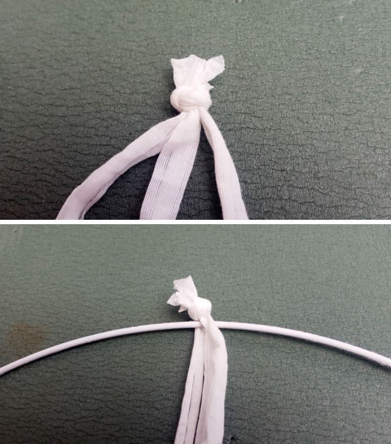 Knot the cut t-shirt yarn strips together and slip over the ring