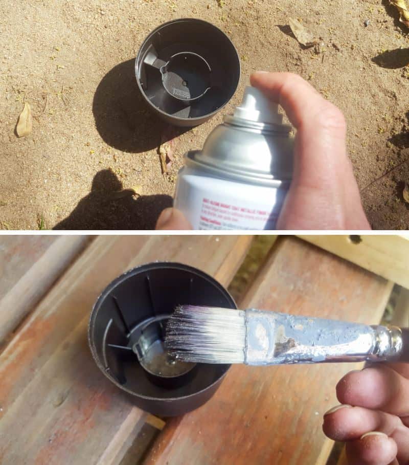 Spray a little spray paint into the lid and use a paint brush to touch up scratches