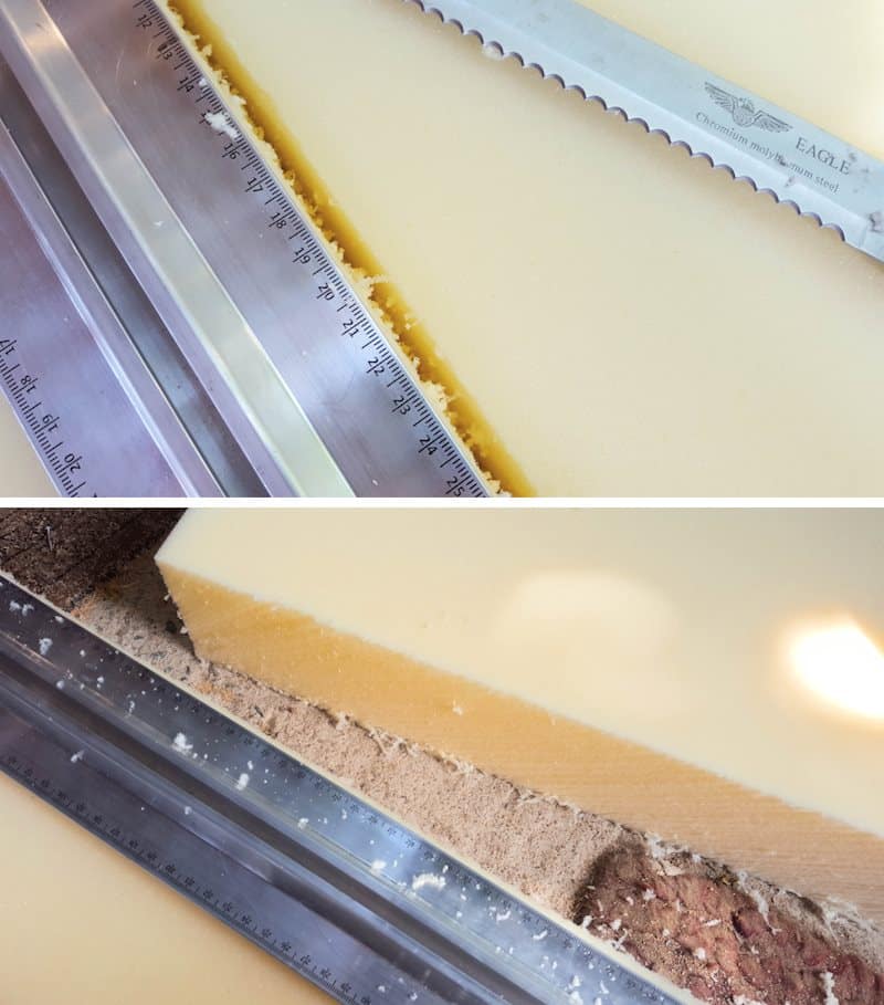 Use a bread knife and ruler to cut through foam