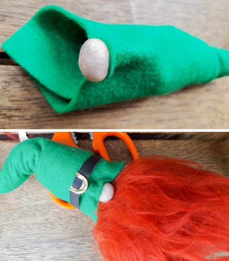 Glue the nose on to the Leprechaun's hat. Add the hat trim and beard