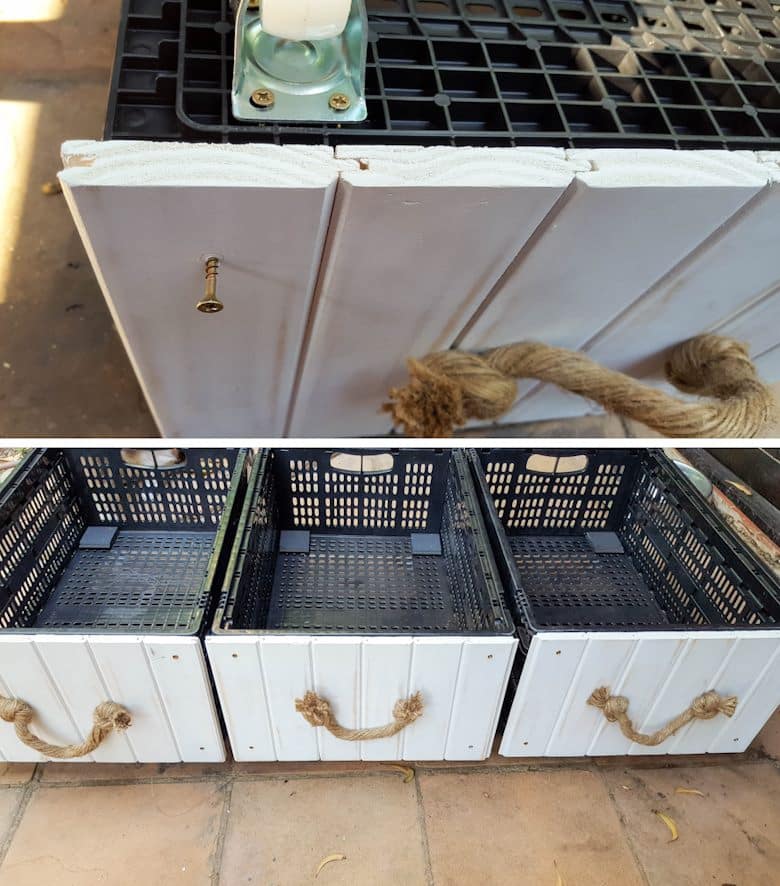 Screw the wooden fronts onto the plastic crate