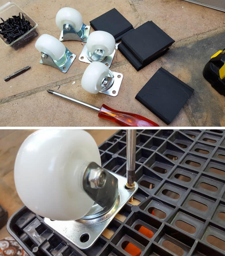 Screw the wheels onto the bottom of the plastic crate using block of wood 