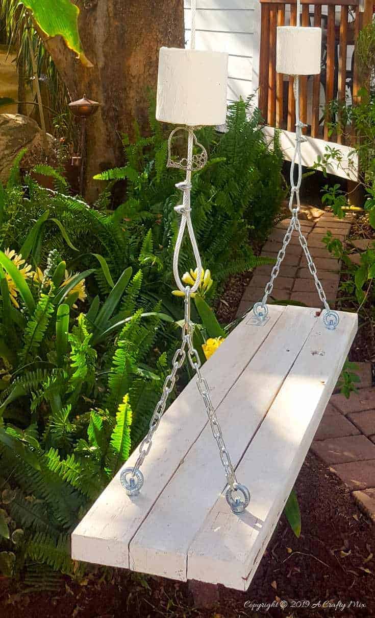 How to make and hang a dreamy garden swing using polystyrene shapes #gardenswingDIY #Palletswing #romanticswing #acraftymix #fairytaleswing #gardenswingbuild