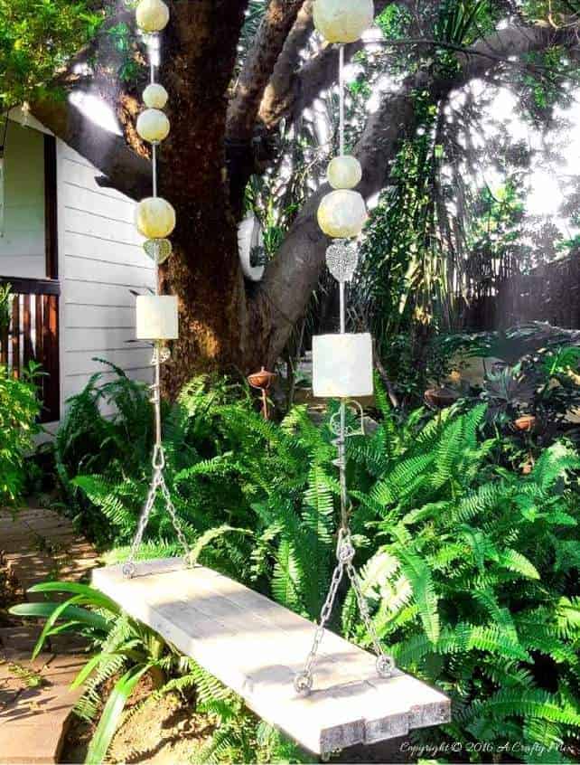 How to make and hang a dreamy garden swing using polystyrene shapes #gardenswingDIY #Palletswing #romanticswing #acraftymix #fairytaleswing #gardenswingbuild