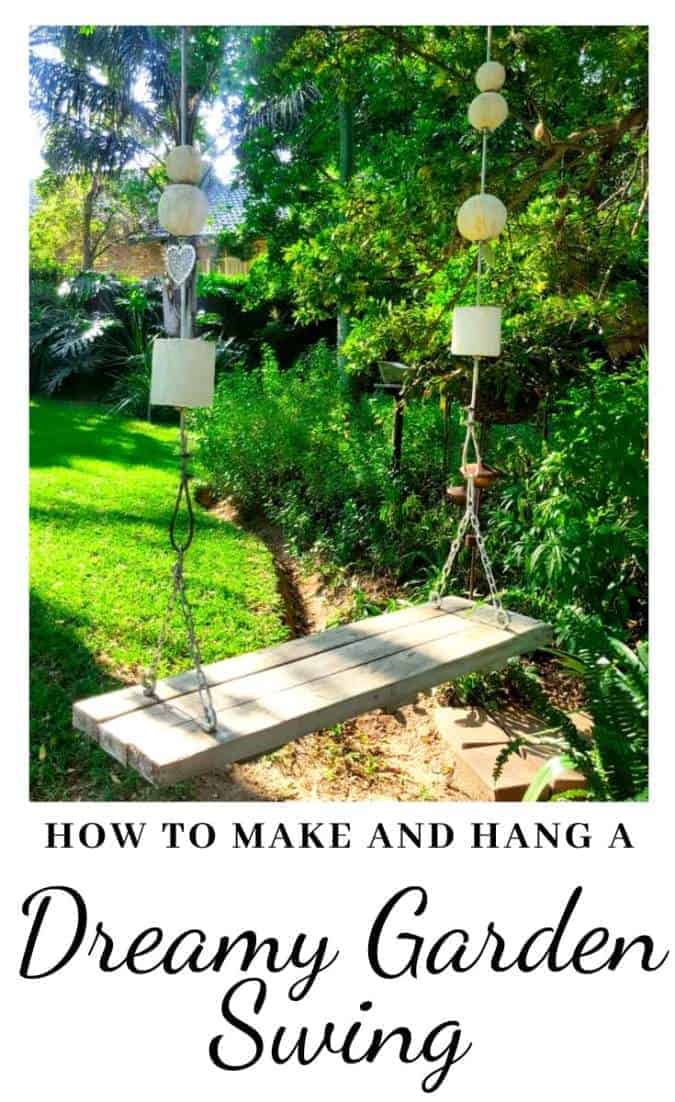 How to make and hang a dreamy garden swing using polystyrene shapes #gardenswingDIY #Palletswing #romanticswing #acraftymix #fairytaleswing #gardenswingbuild