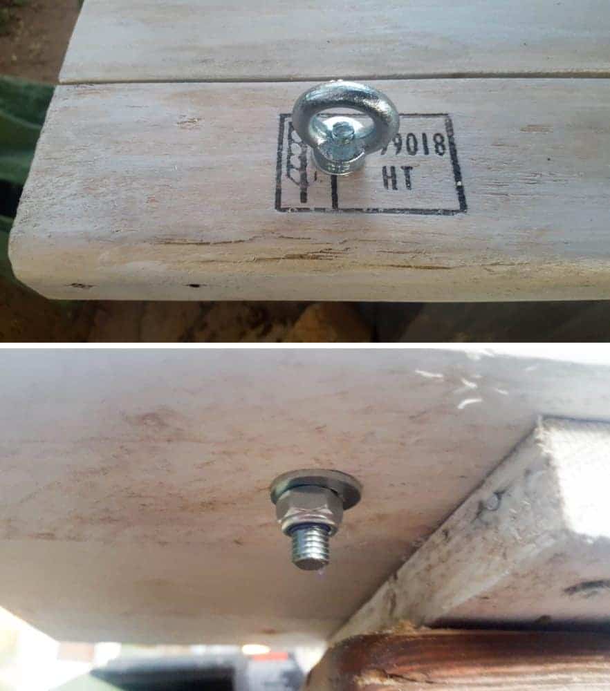 Adding the nuts and bolts to the swing seat  #gardenswingDIY #Palletswing #romanticswing #acraftymix #fairytaleswing #gardenswingbuild
