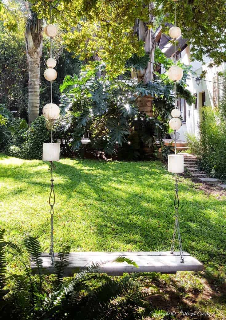 How to make and hang a romantic garden swing using polystyrene shapes #gardenswingDIY #Palletswing #romanticswing #acraftymix #fairytaleswing #gardenswingbuild