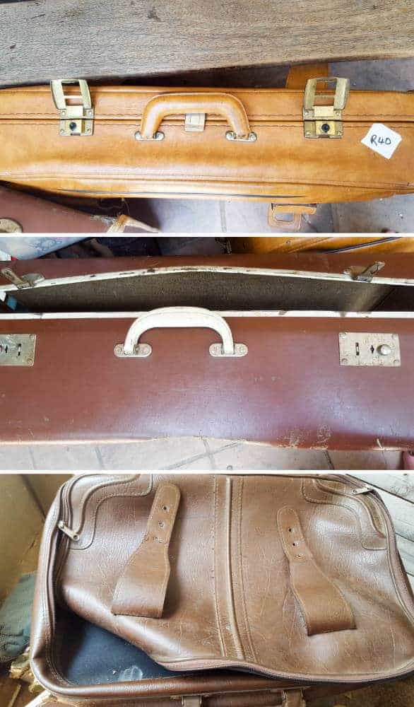 Broken suitcases before they were destroyed to make the epic stack of luggage dresser. #DIYHOmeDecor #SuitcaseDresser #Tutorial
