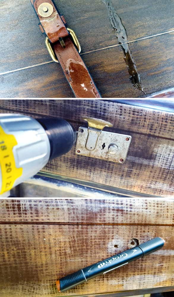 Adding the broken suitcase bits and pieces  to make the epic stack of luggage dresser. #DIYHOmeDecor #SuitcaseDresser #Tutorial
