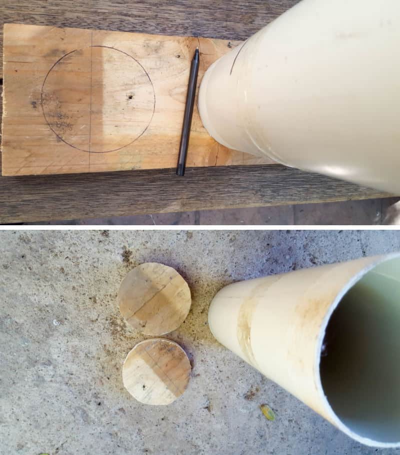 Use the PVC as a template to cut two circles from the scrap wood