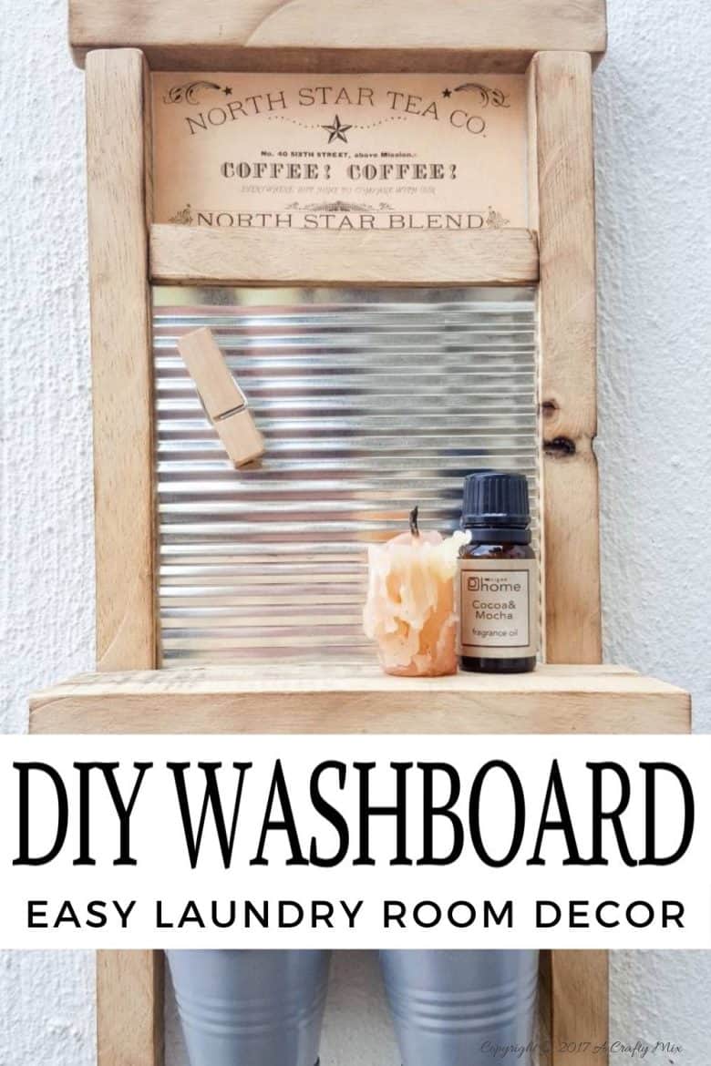 Isn't this antique washboard just too adorable. It's a great way to upcycle a tin can and add something special to your laundry room. #tincanupcycle #laundryroomdecor #acraftymix #DIYDecor #laundrystorage #tincanrepurpose #DIYWashboard