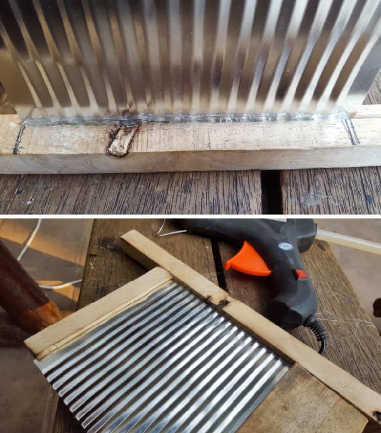 Glue the upcycled tin can to the washboard frame
