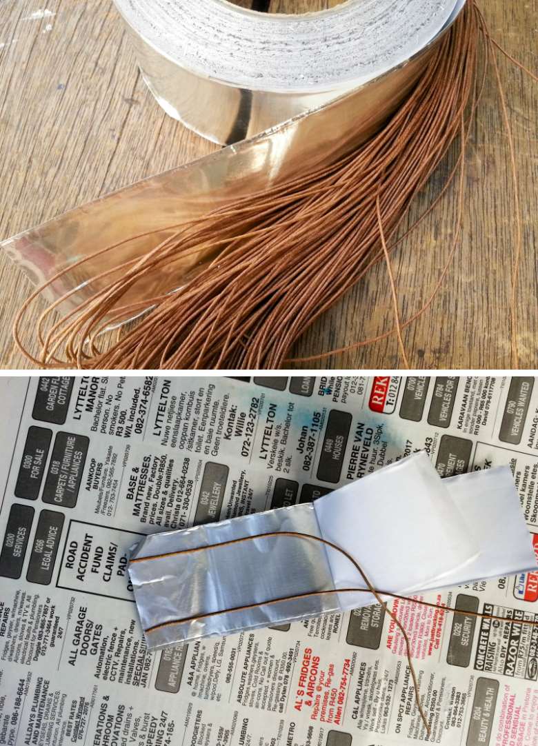 Use aluminium tape and cord to create the metal portion on the PVC pencil