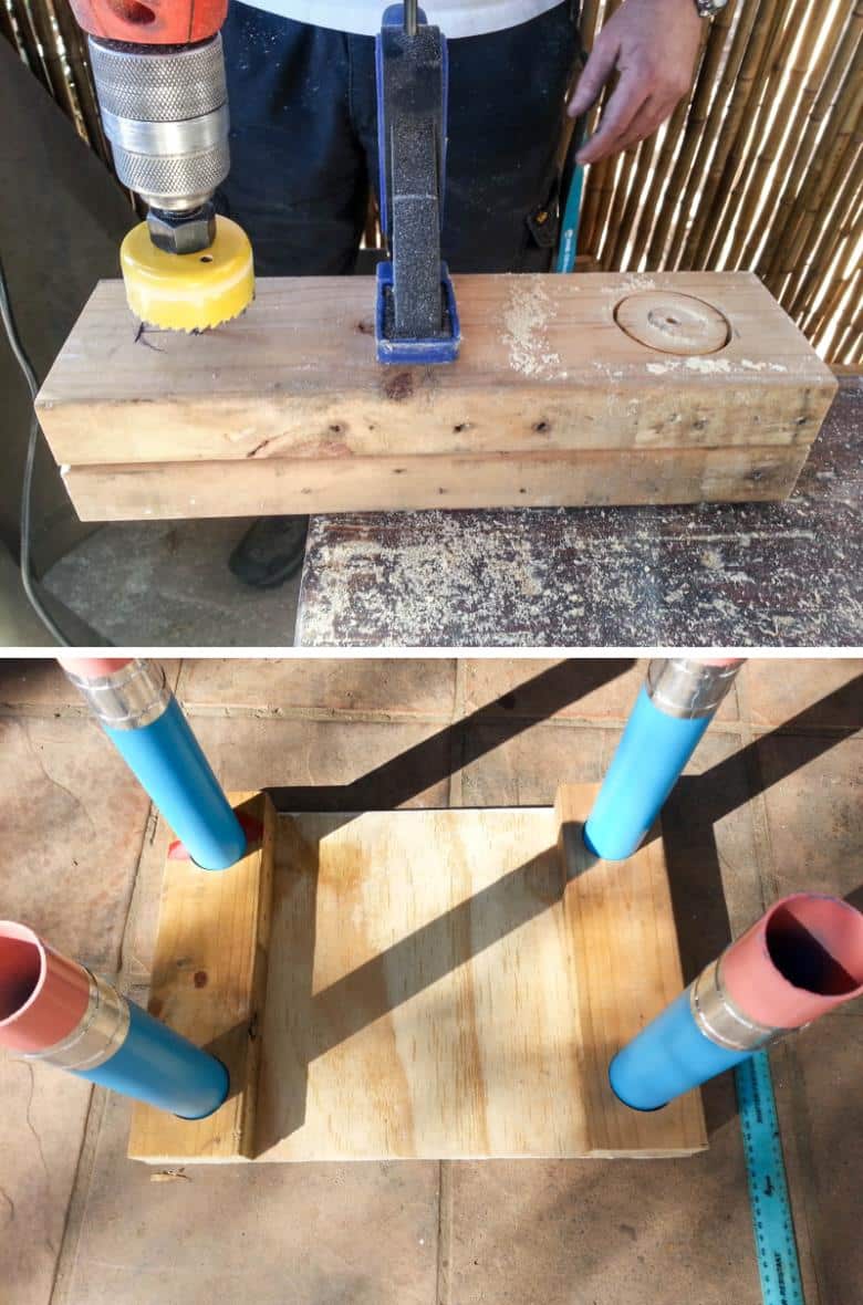 Drill four holes in a piece of wood cut to size and slip the PVC pencil legs inside