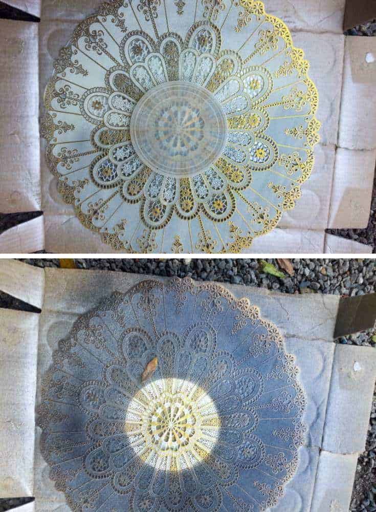 Position the stencil and spray lightly #verreeglomise #UnicornSpit #ACraftyMix #DIYTutorial #HomeDecor #verreeglomisetutorial