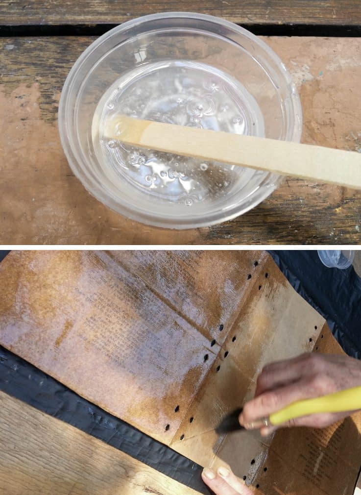 Paint the brown paper bags with a thin layer of resin to mimic the look of oilskin