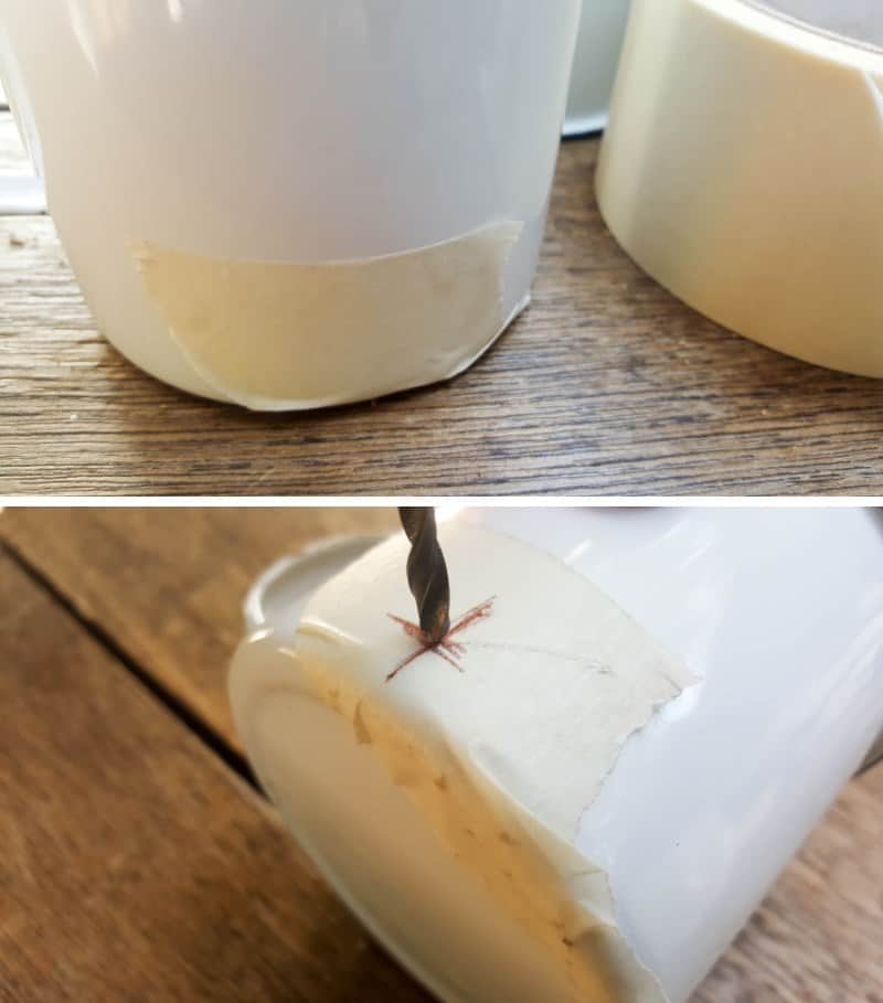 Use masking tape to prevent the drill bit from slipping on the enamel cups
