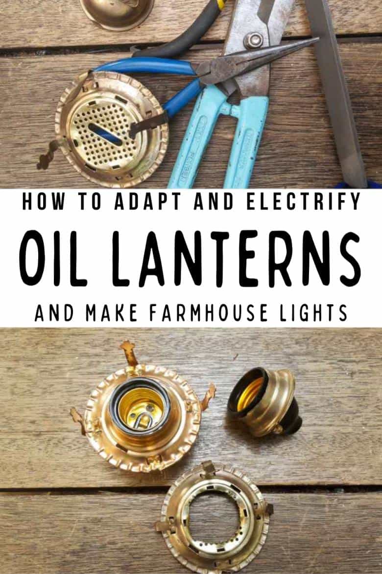 How to wire up and adapt oil lantern fittings to make your own beautiful enamel cup lanterns. Easy DIY farmhouse decor. #Enamelcups #DIYElectricLanterns #ACraftyMix #Farmhouse #HomeDecor