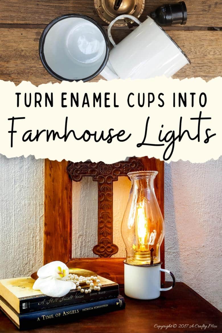 How to wire up and adapt oil lantern fittings to make your own beautiful enamel cup lanterns. Easy DIY farmhouse decor. #Enamelcups #DIYElectricLanterns #ACraftyMix #Farmhouse #HomeDecor