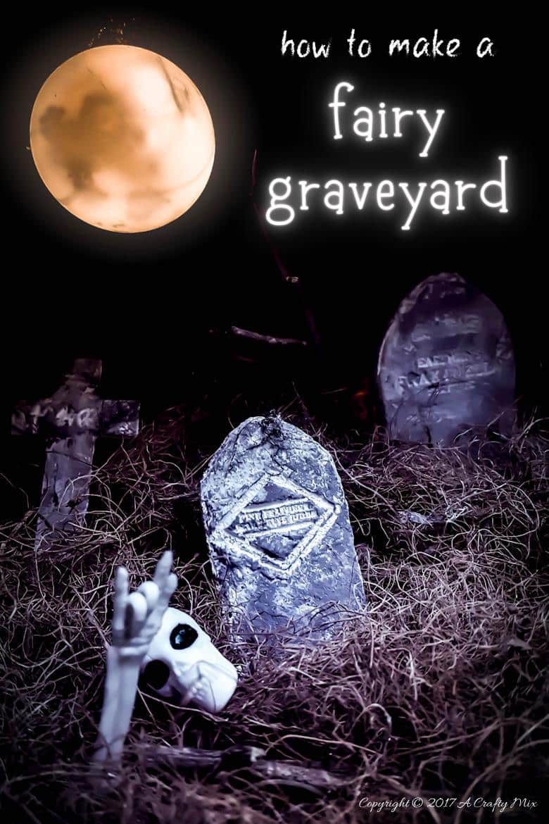 A quick and easy fairy graveyard that will instantly get you into the spirit of Halloween. And best of all, the moon shines at night. Get the full tutorial at A Crafty Mix #halloween #halloweendecorations