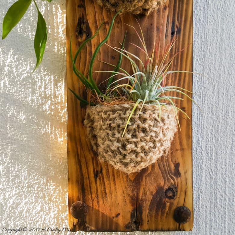 Add something special to your garden with this easy to make knitted planter. Perfect for air plants or succulents #Planter #ACraftyMix #GardenDecor