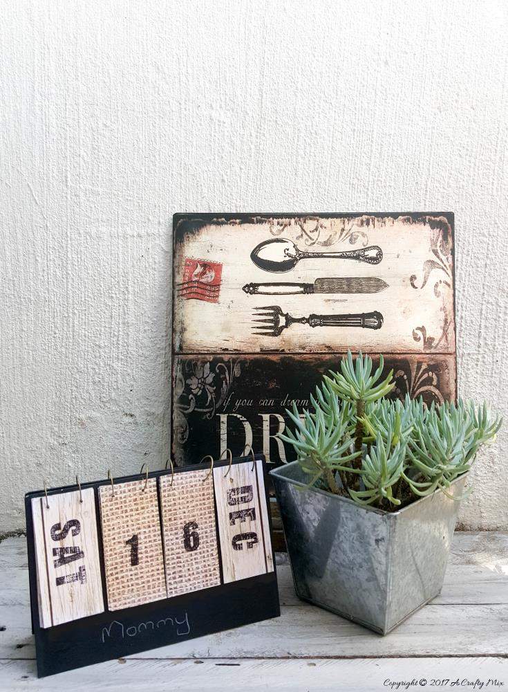 How to make a farmhouse styled perpetual desk calendar using scrapbook paper and stamps