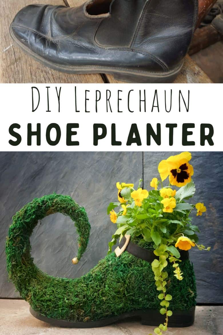 This adorable lucky leprechaun shoe planter is perfect for St. Patrick's day. Quick and easy to make, it will add a little magic and whimsy to your garden or patio all year round. #DIYPlanter #StPatricksDay #ACraftyMix #ShoeUpcycle