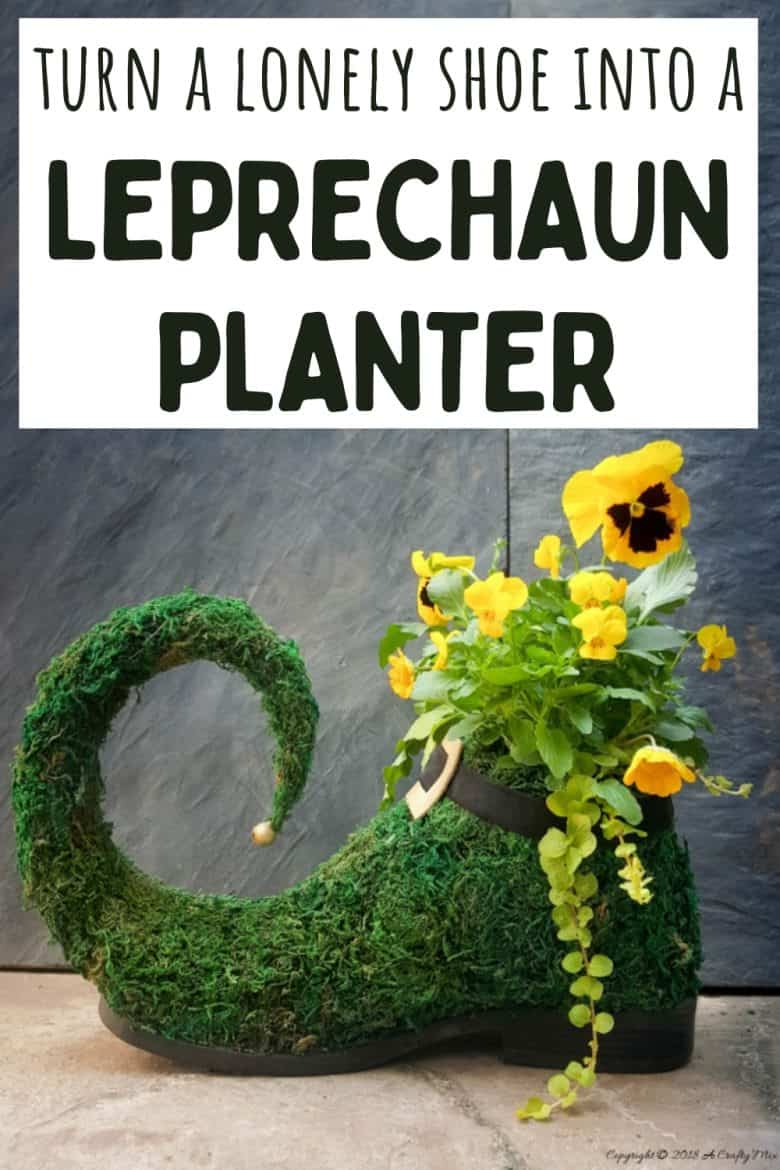 This adorable lucky leprechaun shoe planter is perfect for St. Patrick's day. Quick and easy to make, it will add a little magic and whimsy to your garden or patio all year round. #DIYPlanter #StPatricksDay #ACraftyMix #ShoeUpcycle