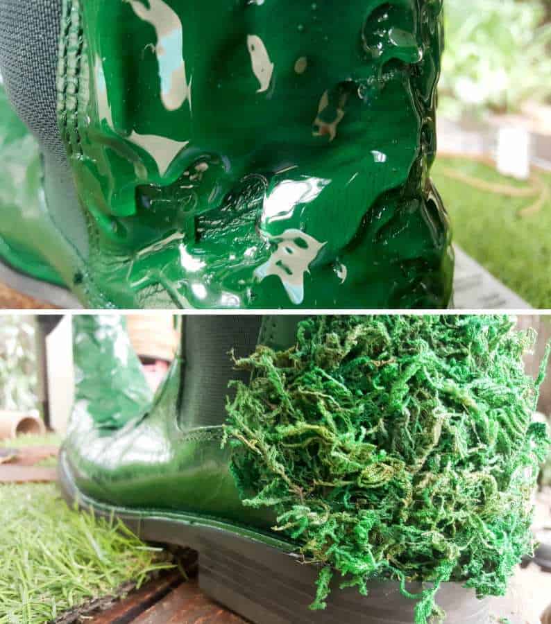 Apply lots of outdoor glue to the shoe and add the moss