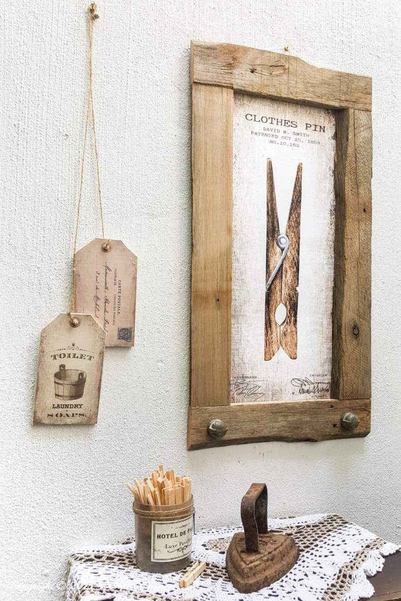 DIY Oversize Vintage Tags and Clothes Pin Wall Art. Includes 3 Free printables | Free oversized wall art | Easy DIY vintage style wall decor | Ready to print gallery wall | #FreePrintable #FreeWallArt #DIY #GalleryWall #Vintage