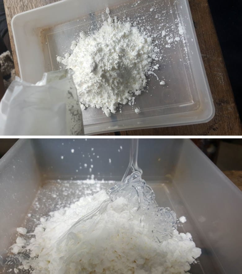 Mixing the silicone and corn flour to make the mold