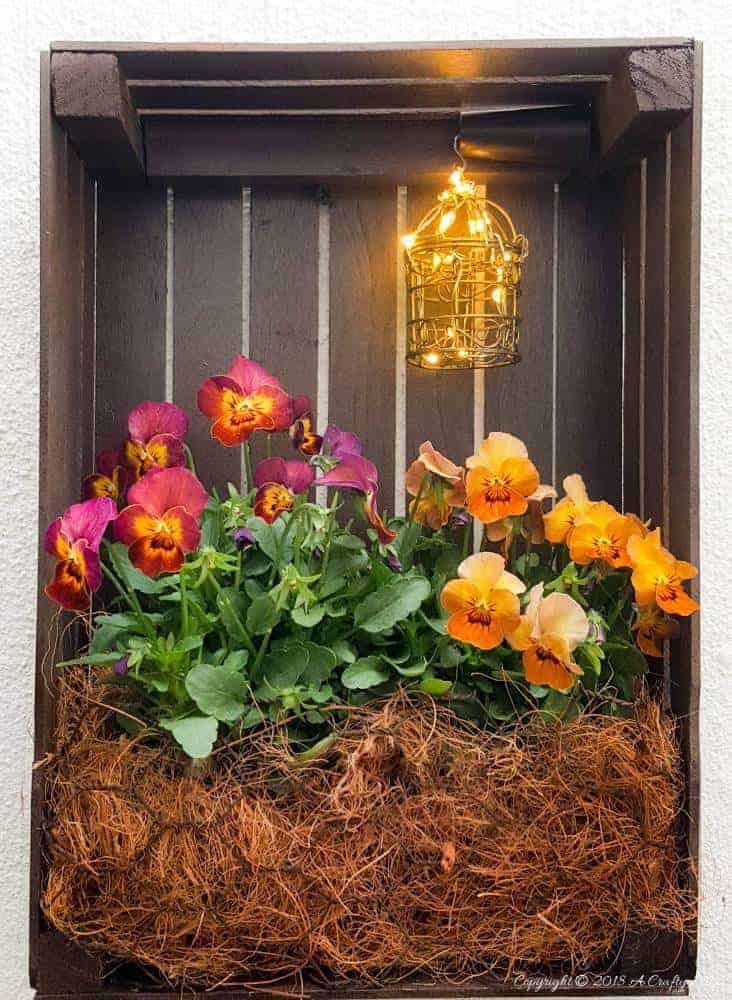 Easy DIY tutorial to make a paint stirrer crate planter using paint stirrers and a staple gun. Add a small light to really make it pop #DIYHomeDecor #DIYPlanter #FairyLights #EasyDIY