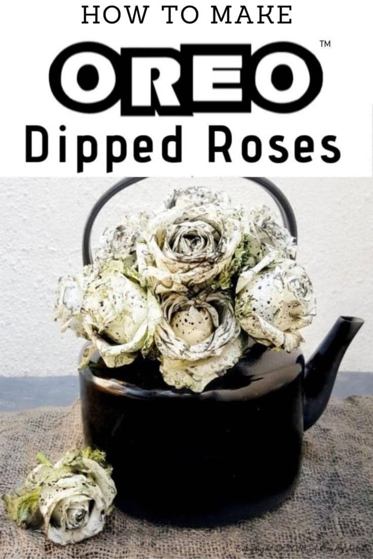 These striking Oreo Dipped Roses make a beautiful gift and will look lovely in a home. See how to make your own with this easy tutorial. #DIYHomeDecor #DyingRoses #ACraftyMix #OreoRoses #OreoDippedRoses #TheGiftOfFlowers