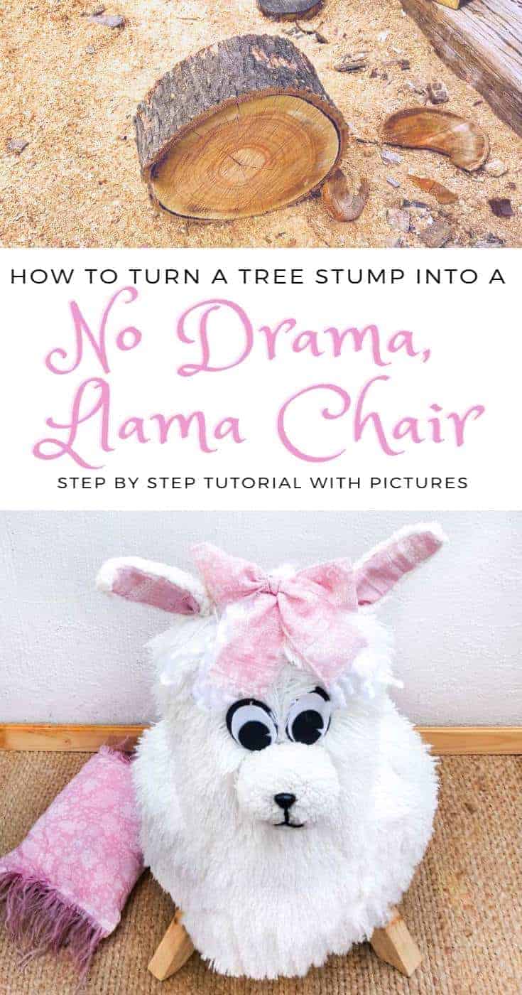 From tree stump to an adorable "No Drama, Llama Chair". A unique one of a kind DIY to fall in love with and make yourself. DIY Tutorial from A Crafty Mix #llamaDIY #DIYTutorial #LlamaChair #LlamaDecor
