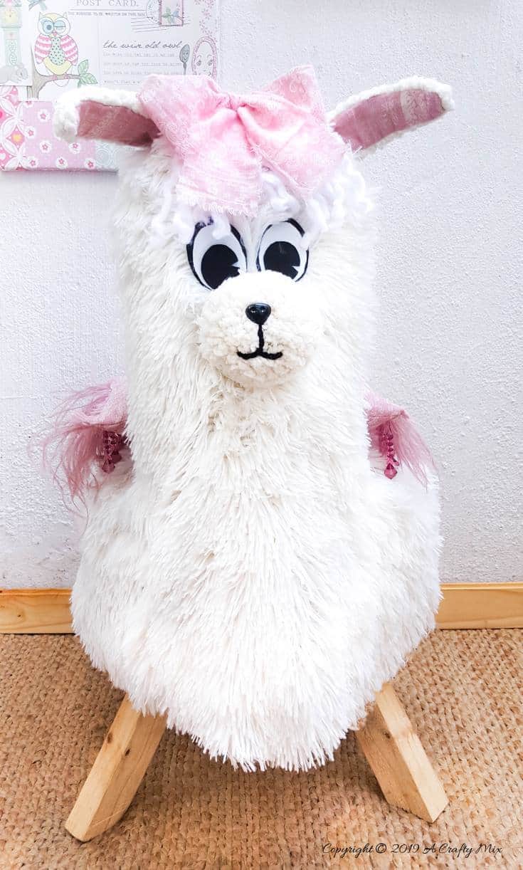 How to make an adorable "No Drama, Llama Chair". Unique one of a kind DIY to fall in love with and make yourself. DIY Tutorial from A Crafty Mix #llamaDIY #DIYTutorial #LlamaChair #LlamaDecor