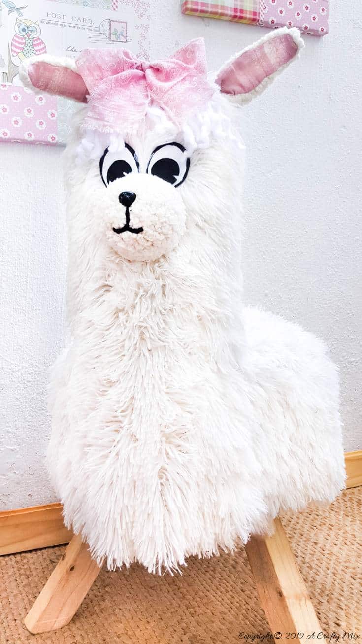 How to make an adorable "No Drama, Llama Chair". Unique one of a kind DIY to fall in love with and make yourself. DIY Tutorial from A Crafty Mix #llamaDIY #DIYTutorial #LlamaChair #LlamaDecor