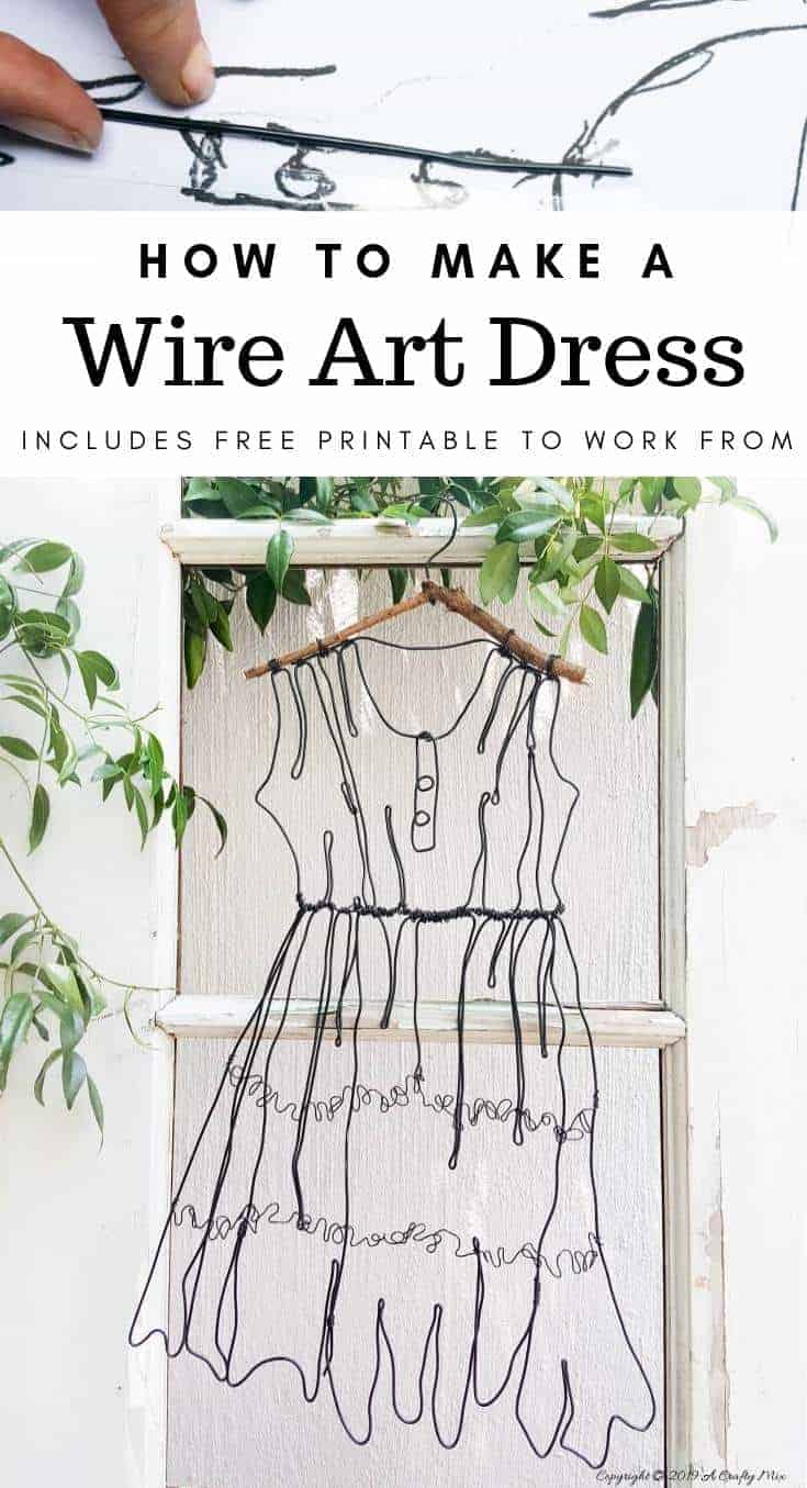 Add little elegance and whimsy to your wall art with this DIY wire dress tutorial. Made from jewelry wire, it's rustic and fun to do. Includes dress template and instructions for printing. Can be hung indoors or out. #WireArt #DIYTutorial #WallDecor