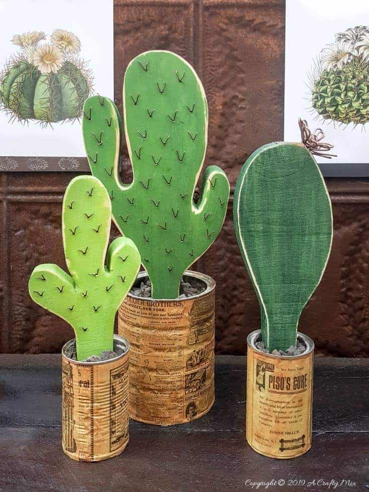 How to make your own wooden cacti. Perfect home decor for anyone who struggles to keep plants alive or if you want to add a little greenery to your space. #BrownThumb #WoodenCacti #DIYTutorial #ACraftyMix