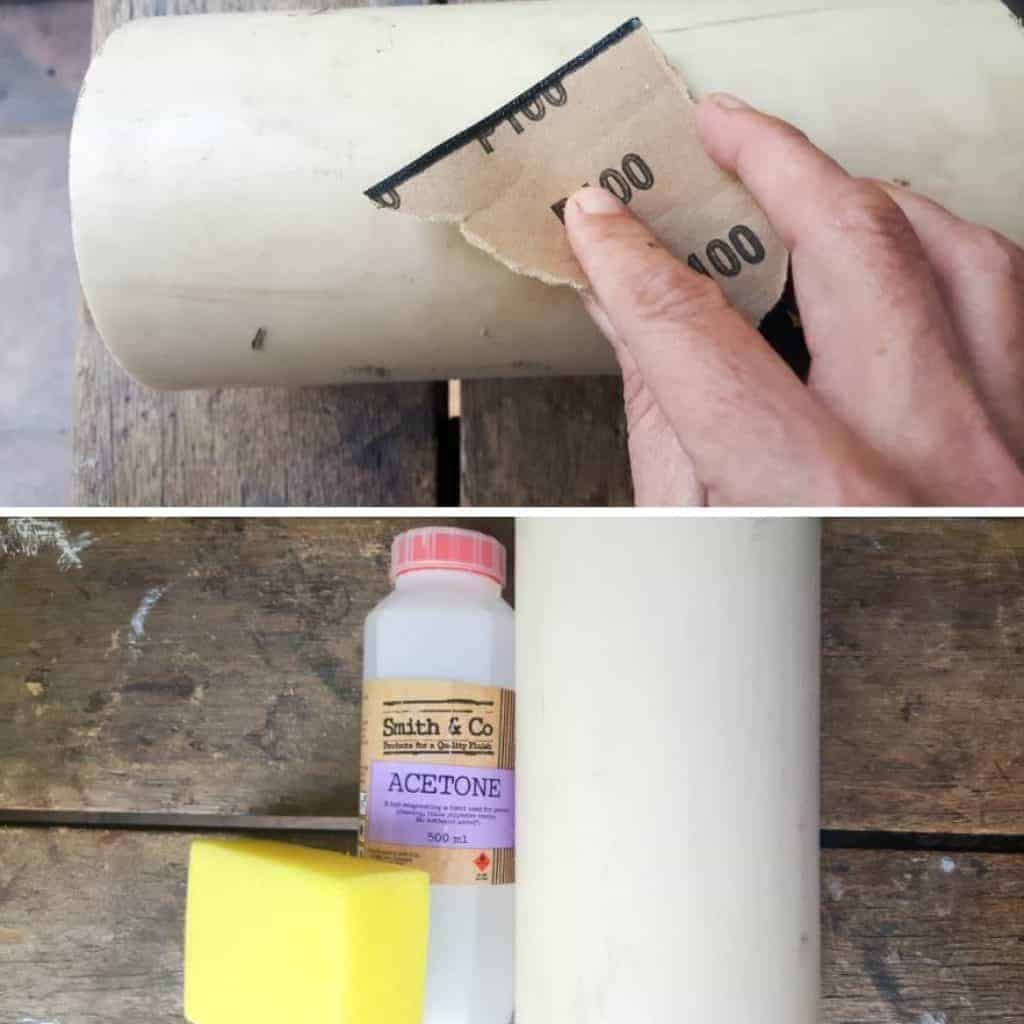 Prepping and sanding the PVC pipes for painting #paintingPVCPipes #DIYPaintingPVC #acraftymix #DIYTutorial